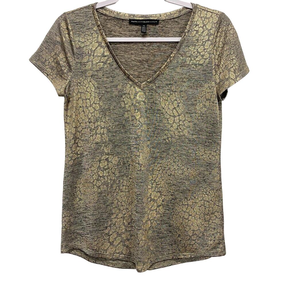 White House Black Market Metallic Print Tee Animal V-Neck Grey Gold Top size XS
